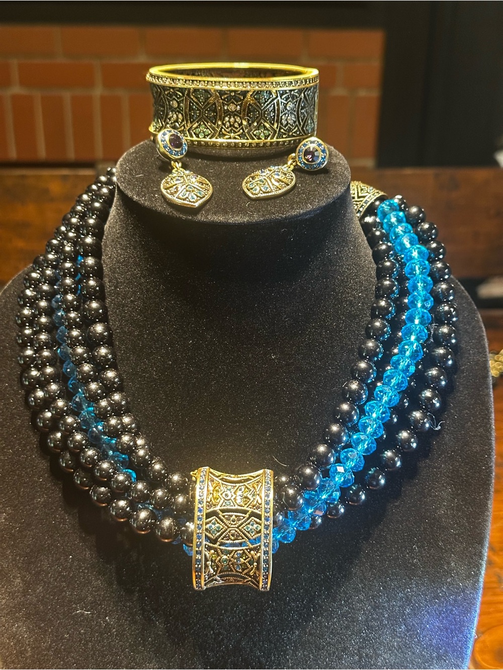 SOLD.5 Multi-Strand Blue and Black Beaded Statement Necklace, Bracelet,& Earring